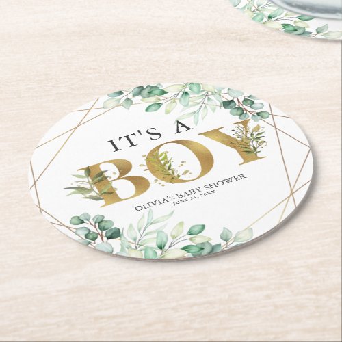 Its a Boy Greenery Eucalyptus Gold Baby Shower Round Paper Coaster