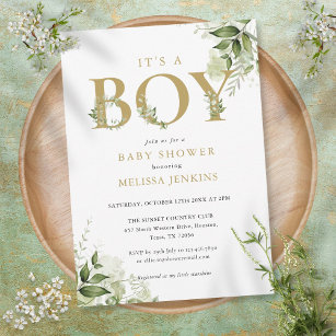 Its A Boy Greenery Foliage Gold Letter Baby Shower Invitation