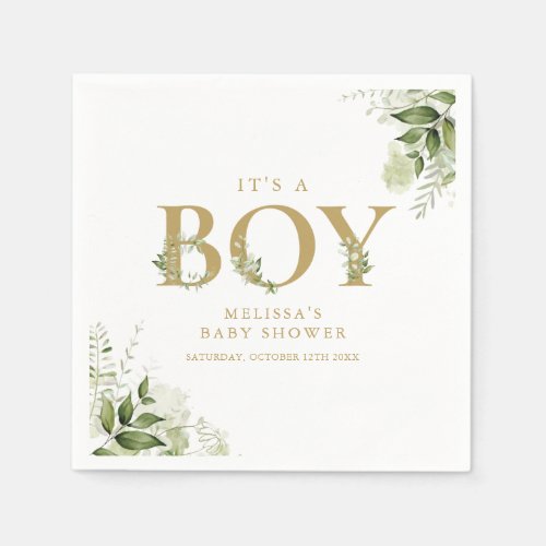 Its A Boy Greenery Foliage Gold Letter Baby Shower Napkins