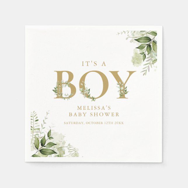 Its A Boy Greenery Foliage Gold Letter Baby Shower Napkins (Front)