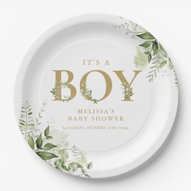 Its A Boy Greenery Foliage Gold Letter Baby Shower Paper Plates (Front)