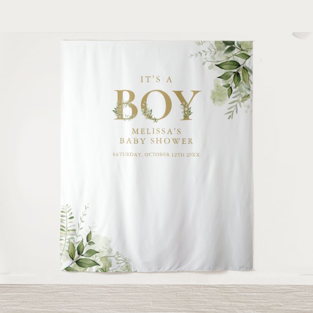 Its A Boy Greenery Gold Baby Shower Photo Backdrop (Front)