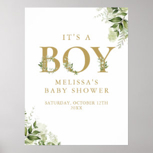 Its A Boy Greenery Gold Baby Shower Sign