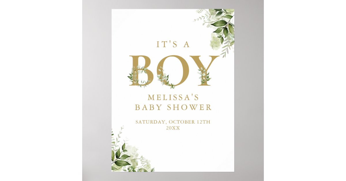 Its A Boy Greenery Gold Baby Shower Sign | Zazzle