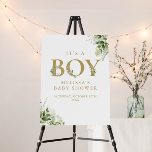 Its A Boy Greenery Gold Baby Shower Sign