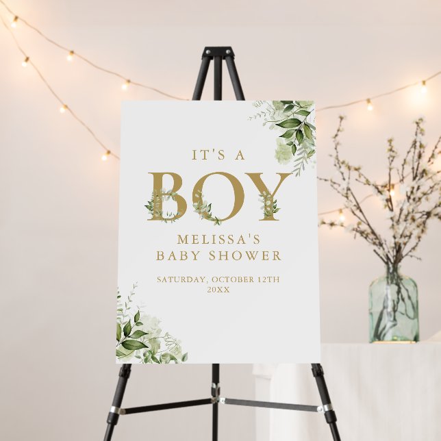 Its A Boy Greenery Gold Baby Shower Sign (In Situ (Stand))