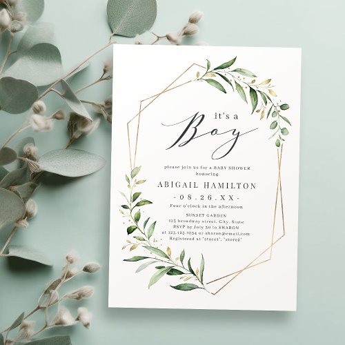 Its a Boy Greenery Gold Geometric Baby Shower Invitation