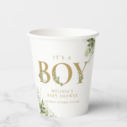Its A Boy Greenery Gold Letter Baby Shower Paper Cups