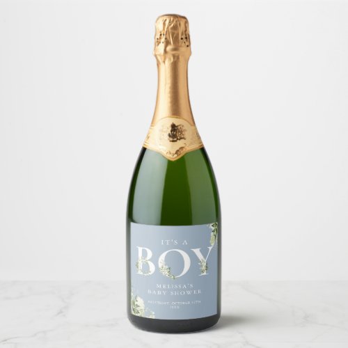 Its A Boy Greenery Letter Dusty Blue Baby Shower Sparkling Wine Label