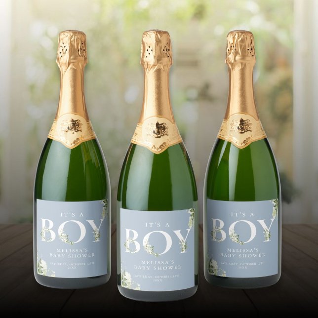 Its A Boy Greenery Letter Dusty Blue Baby Shower Sparkling Wine Label (Its A Boy Greenery Letter Dusty Blue Baby Shower Sparkling Wine Label)