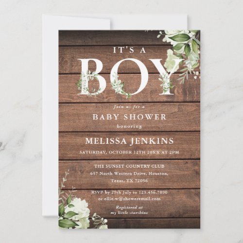Its A Boy Greenery Letter Rustic Wood Baby Shower Invitation