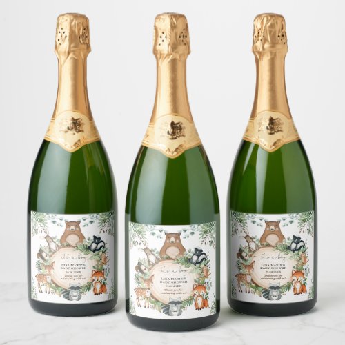 Its a Boy Greenery Woodland Baby Shower Favors Sparkling Wine Label