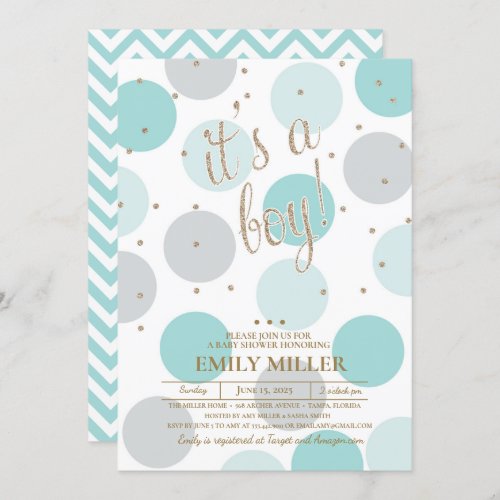 Its a Boy _ Grey Turquoise  Gold Baby Shower Invitation