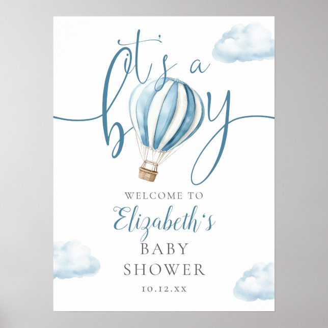Its A Boy Hot Air Balloon Baby Shower Welcome Sign (Front)