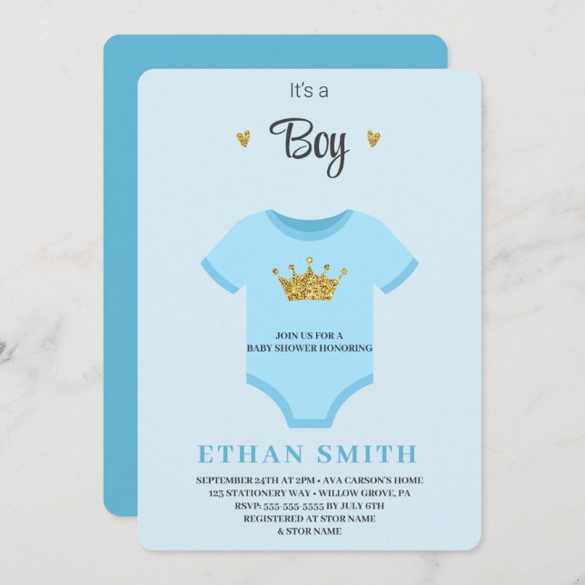 It's a Boy Invitation With Blue Bodysuit Newborn (Front/Back)