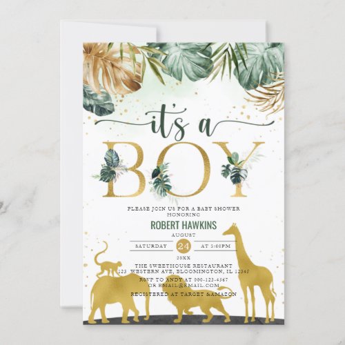 Its A Boy Jungle Gold Safari Animals Baby Shower Invitation