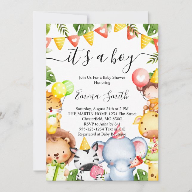 It's a Boy Jungle Safari Animals Baby Shower Invitation (Front)