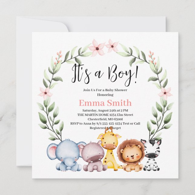 It's a Boy Jungle Safari Animals Baby Shower Invitation (Front)