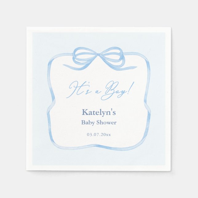 It's A Boy Light Blue Bow Baby Shower Party Napkins (Front)