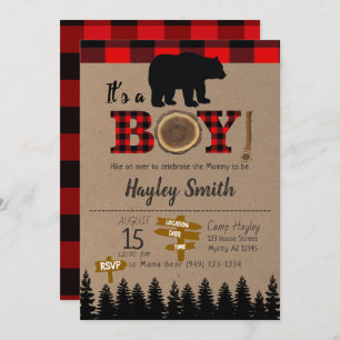 It's a Boy Little Bear Flannel Plaid Baby Shower Invitation