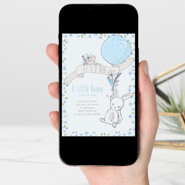 It's a Boy Little Bunny and Blue Balloon Pregnancy Announcement (Front Digital)