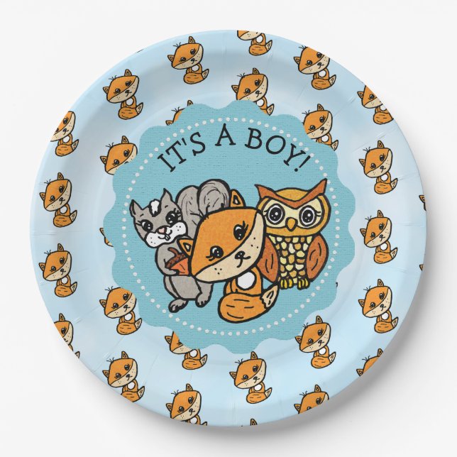 It's a Boy, Little Fox Boy's Baby Shower Paper Plates (Front)