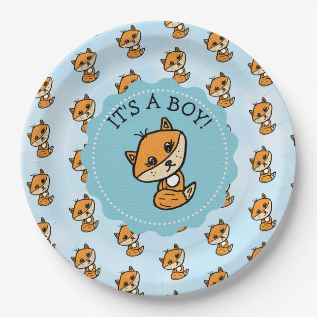 It's a Boy, Little Fox Boy's Baby Shower Paper Plates (Front)