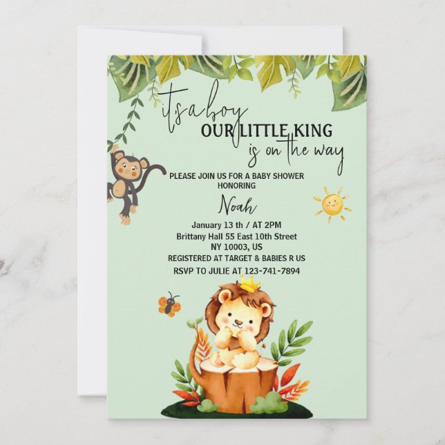 it's a boy little king lion jungle baby shower  invitation (Front)
