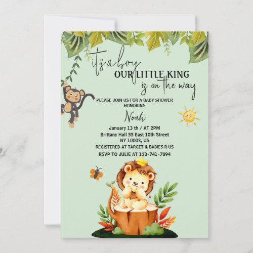 its a boy little king lion jungle baby shower  invitation