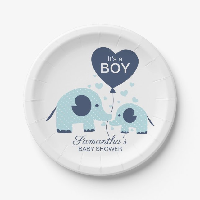 It's a Boy Lovely Blue Elephant Baby Shower Paper Plates (Front)