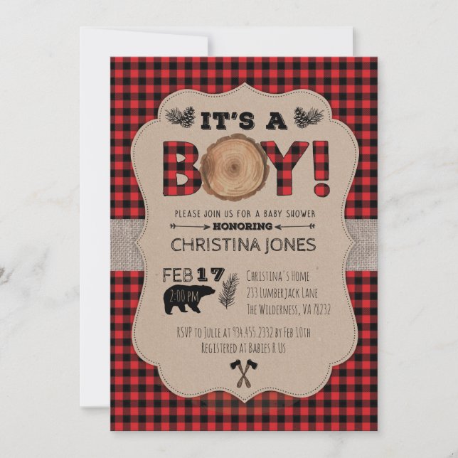 It's A Boy Lumberjack Baby Shower Invitation (Front)