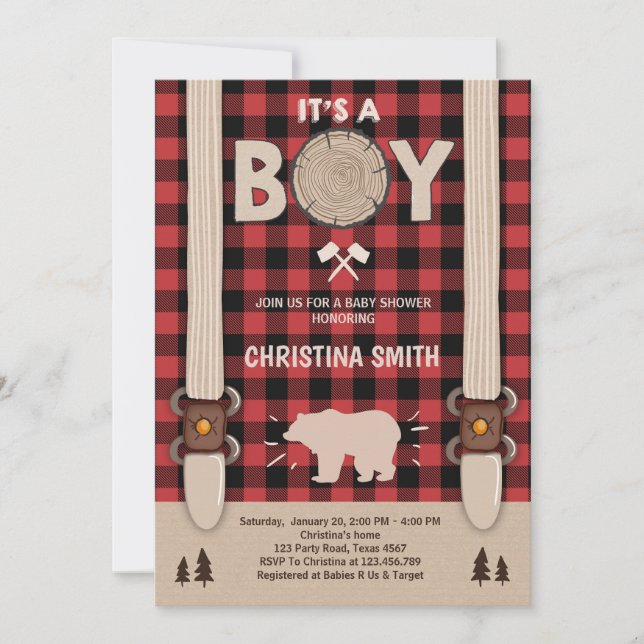 It's a boy Lumberjack Baby shower invitation boy (Front)