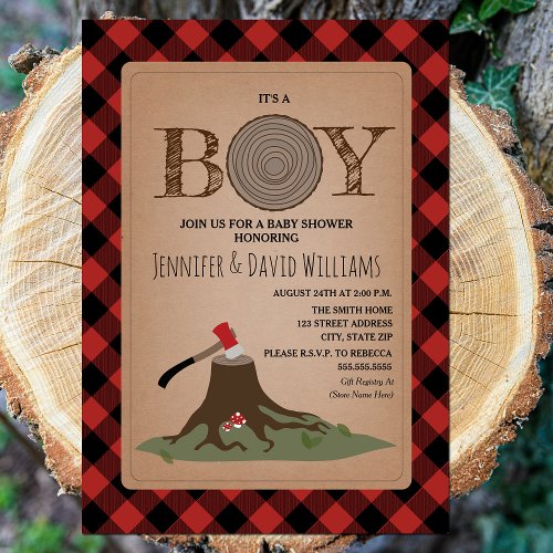 Its A Boy Lumberjack Wood Slice Plaid Baby Shower Invitation