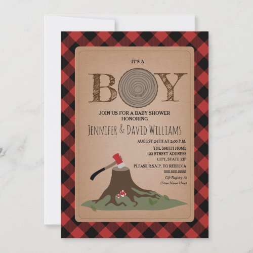 It's A Boy Lumberjack Wood Slice Plaid Baby Shower