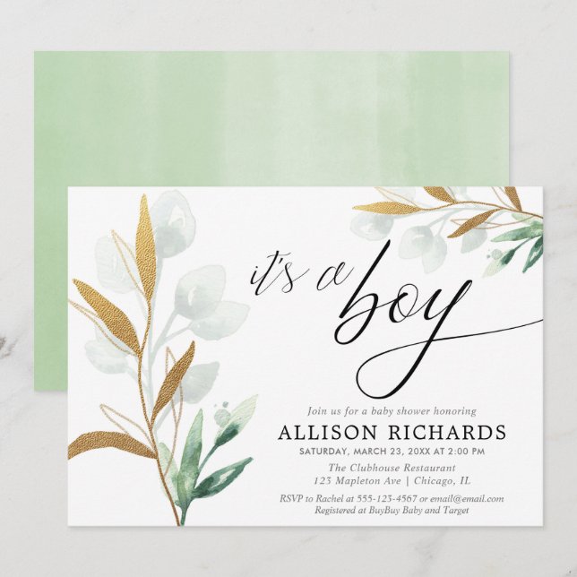 It's a boy modern greenery gold baby shower invitation (Front/Back)