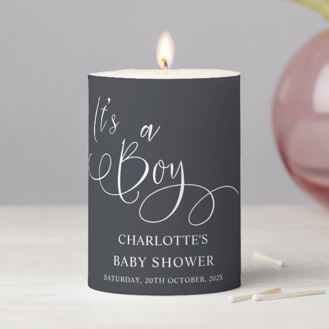 It's a Boy! Modern Minimal Calligraphy Baby Shower Pillar Candle (In Situ)