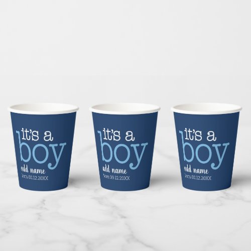 Its A Boy _ Modern Whimsical Baby Name Navy Paper Cups
