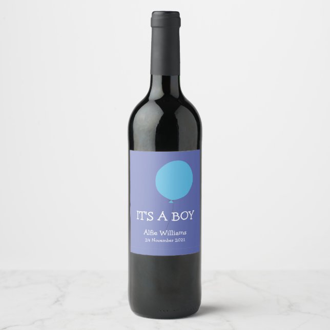 It's a Boy Modern whimsical blue wine label (Front)