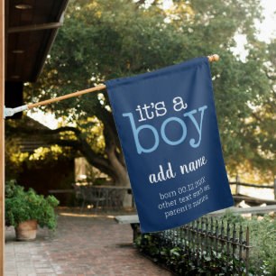 It's A Boy - Modern, Whimsical type with Baby Name House Flag
