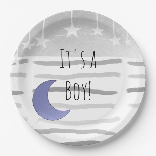 It's a Boy Moon and Stars Baby Shower Paper Plates (Front)