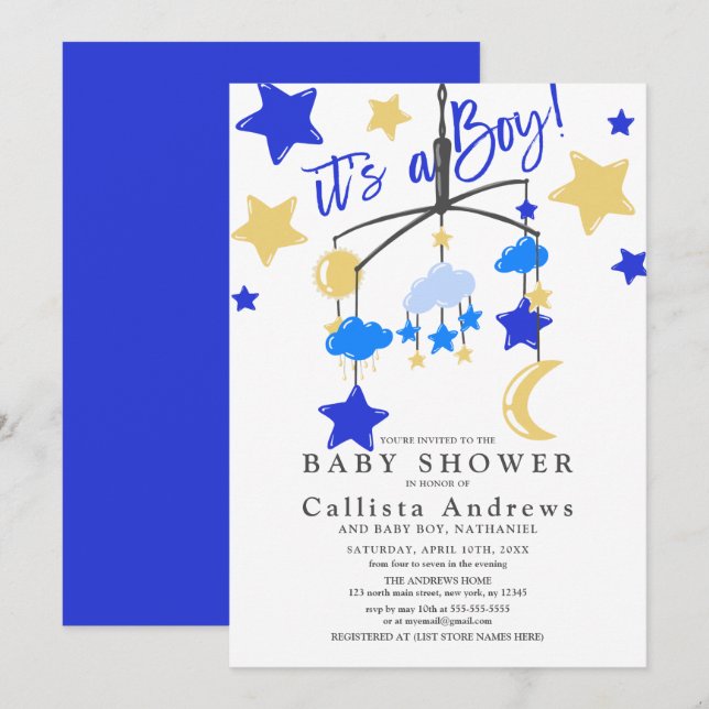 It's a Boy Moon Stars Crib Mobile Baby Shower Invitation (Front/Back)
