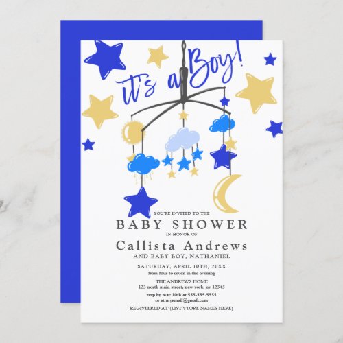 Its a Boy Moon Stars Crib Mobile Baby Shower Invitation