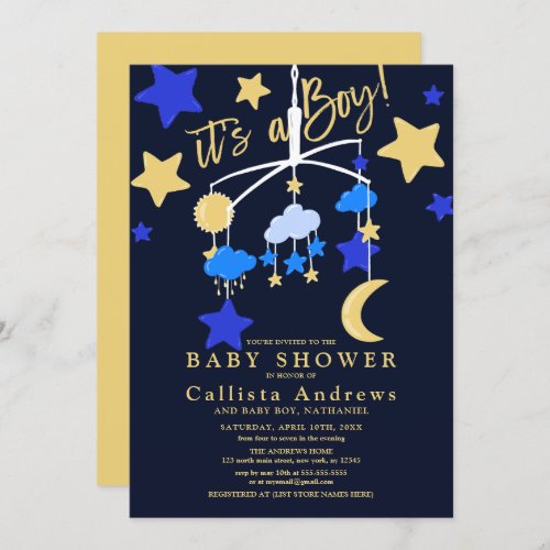 Its a Boy Moon Stars Crib Mobile Baby Shower Invitation