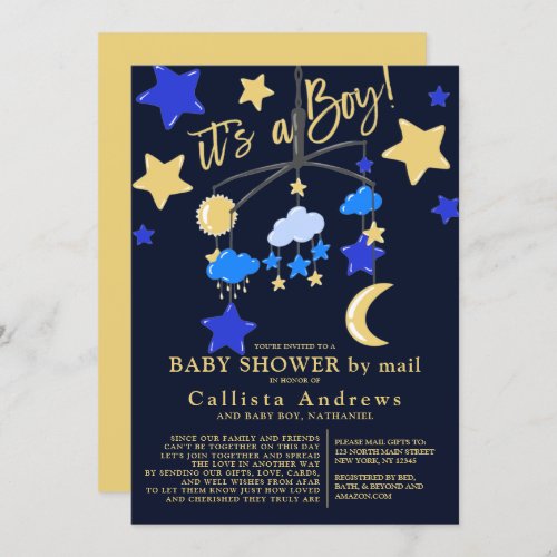 Its a Boy Moon Stars Mobile Baby Shower By Mail Invitation