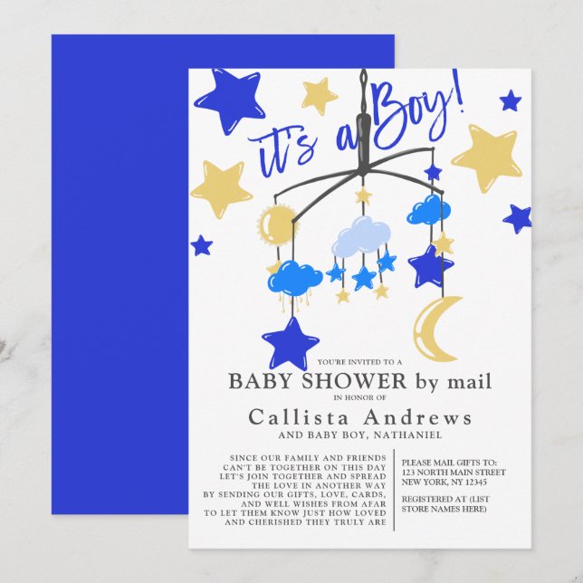 It's a Boy Moon Stars Mobile Baby Shower By Mail Invitation (Front/Back)