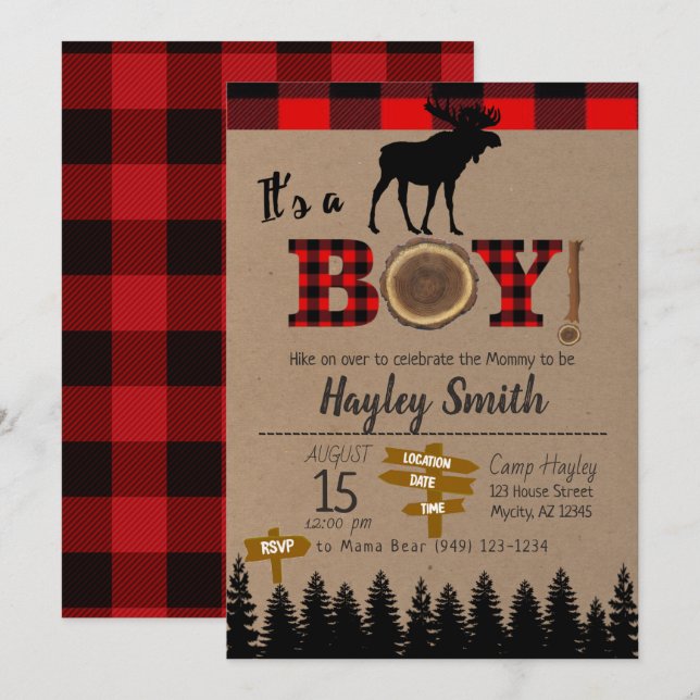 It's a Boy Moose Flannel Plaid Baby Shower Invitation (Front/Back)