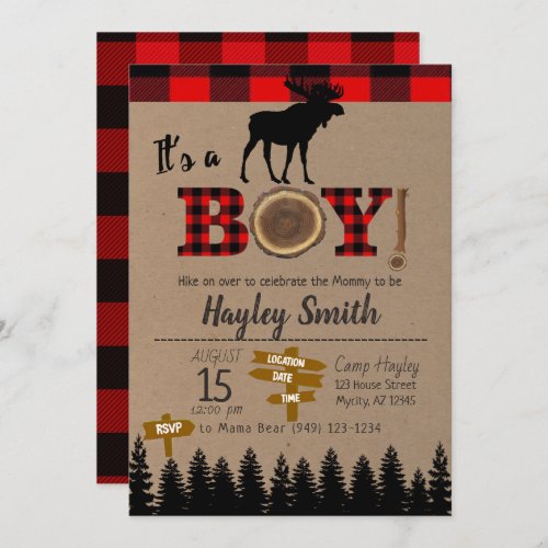 Its a Boy Moose Flannel Plaid Baby Shower Invitation