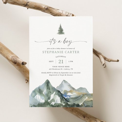 Its a Boy Mountain Forest Boy Baby Shower Invitation