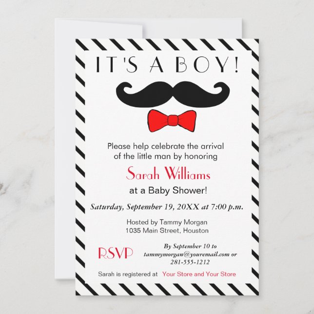 It's A Boy Mustache and Red Bowtie Baby Shower Invitation (Front)