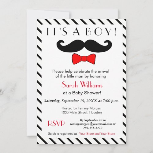 Its A Boy Mustache and Red Bowtie Baby Shower Invitation
